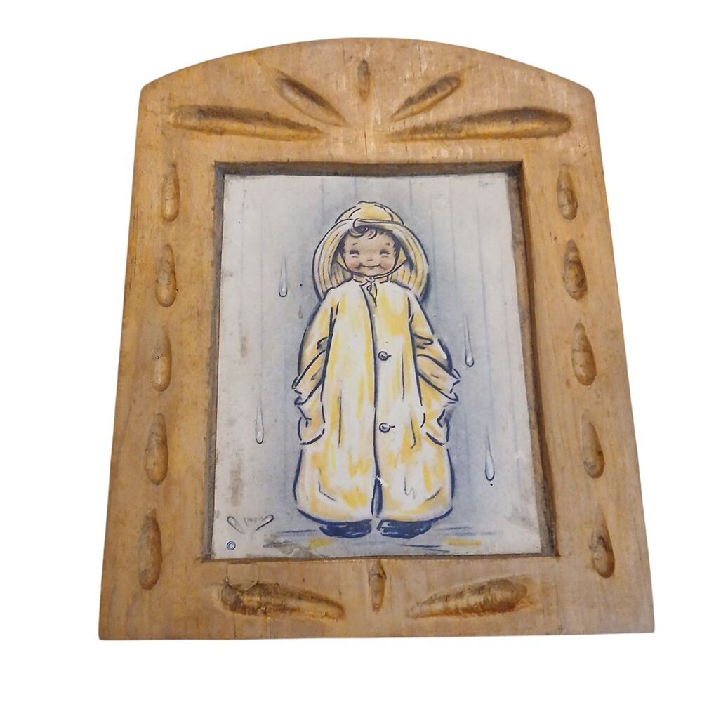 Vtg Herbert Dubler Smiling Little Boy Yellow Raincoat Wood Frame Wall Hanging 7"
